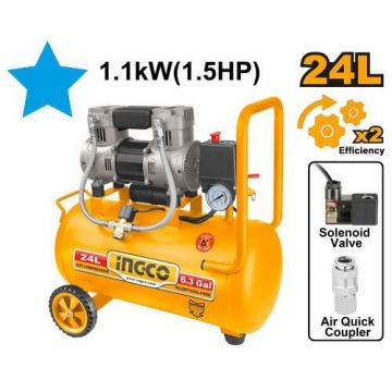 Compresor aer 24L 1.1kW fara ulei INGCO ACS111242, 8 bar, 2850 rpm, 67 dB, motor aluminiu